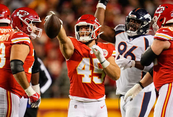 Dec 5, 2021; Kansas City, Missouri, USA; Kansas City Chiefs fullback Michael Burton (45) celebrates after a first down against the Denver Broncos during the first half at GEHA Field at Arrowhead Stadium. Mandatory Credit: Jay Biggerstaff-USA TODAY Sports